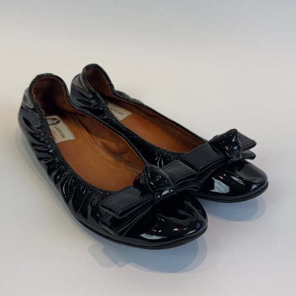 Lanvin Black Patent Leather Ballet Flats with Bow Accents, EU 40 - Picture 1 of 16